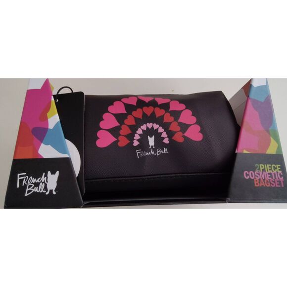 FRENCH BULL 2 PIECE COSMETIC BAG SET BLACK WITH HEARTS NWT - Picture 3 of 14